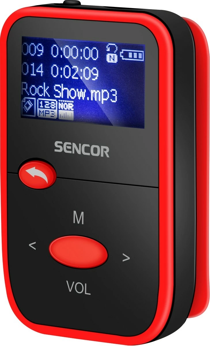 MP3 predvajalnik, Sencor SFP 4408RD, 8 GB, z FM radiem, črno/rdeč, s slušalkami