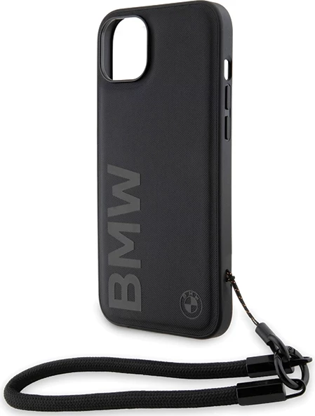 Ovitek za telefon iz naravnega usnja z vrvico BMW Signature Wordmark za iPhone 15/14/13, usnje, črn