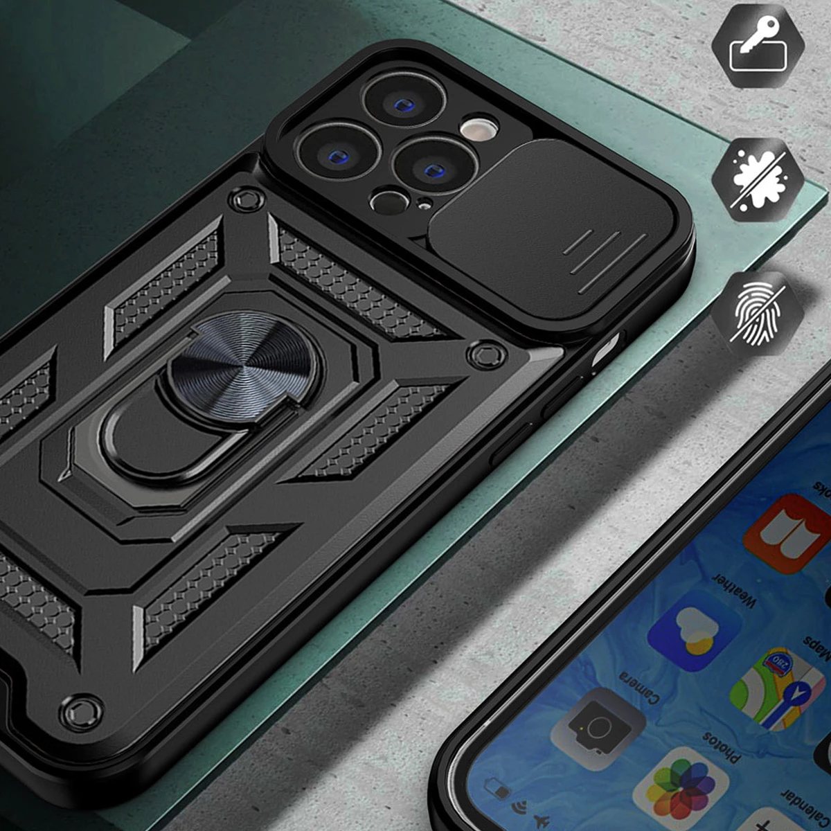Zaščitni ovitek z drsnim pokrovom kamere in obročem Hurtel Hybrid Armor Camshield za Motorola Moto G62 5G, črn