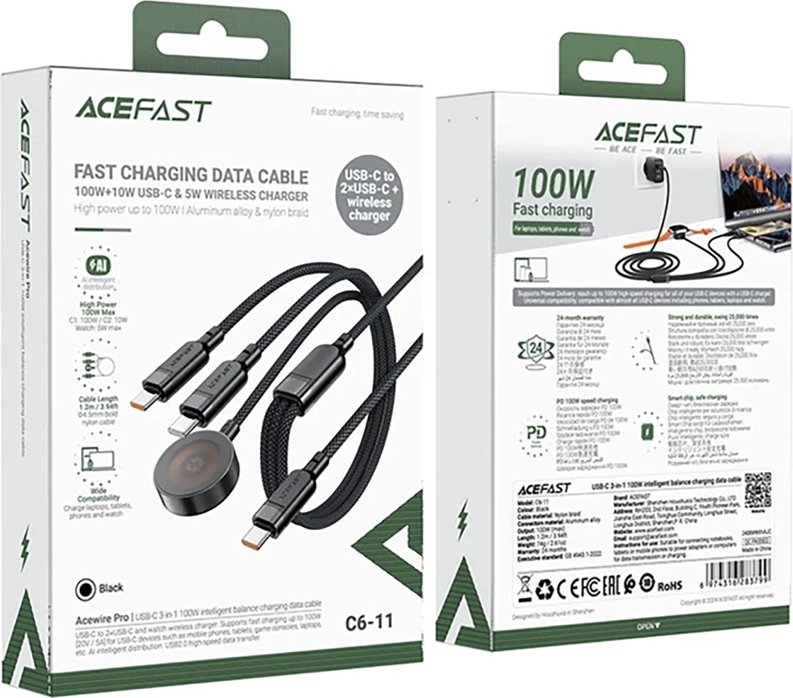 3-v-1 kabel za polnjenje Acefast C6-11, 2× USB-C in Qi, 1,2 m, 100 W, črn
