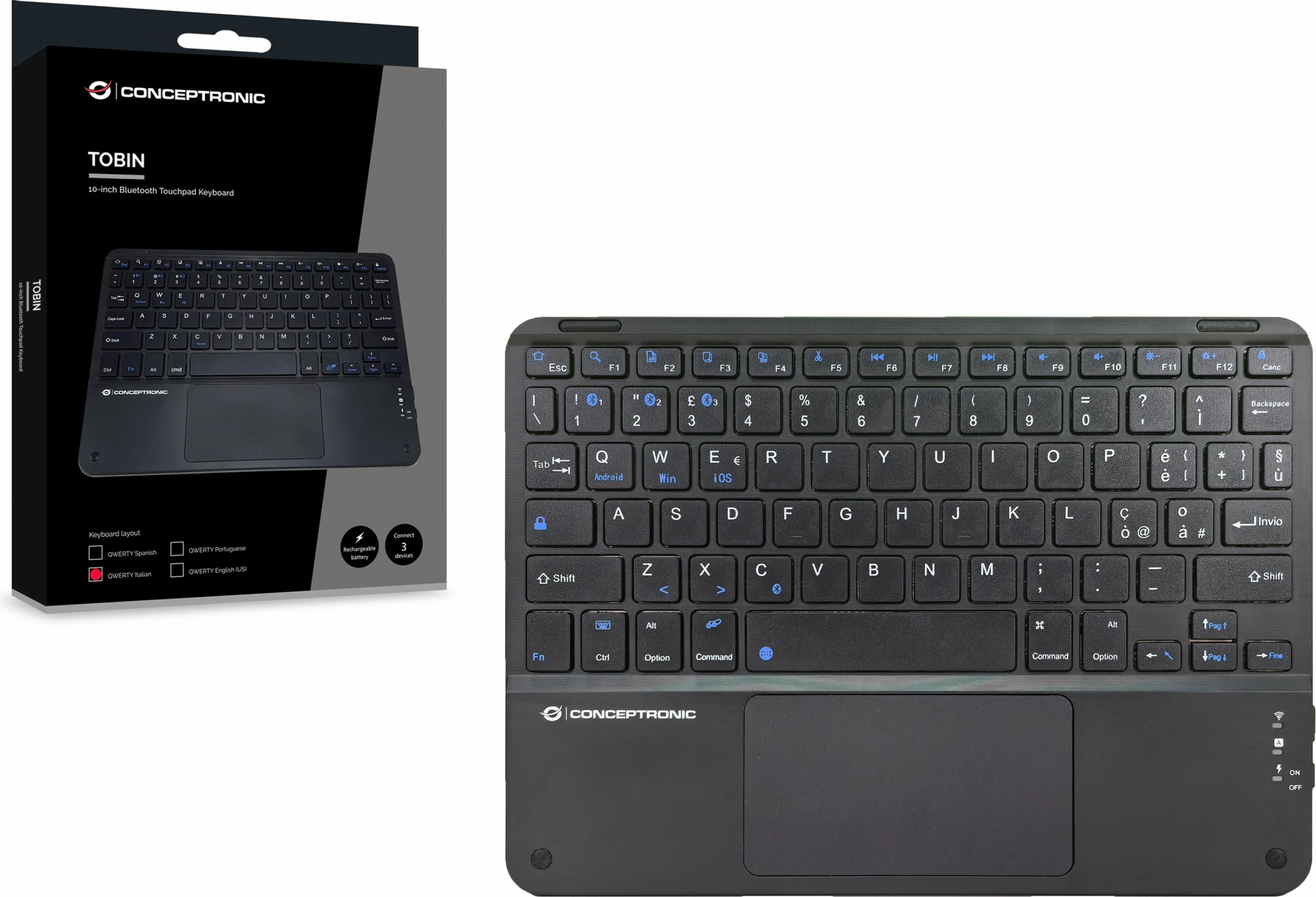 Brezžična tipkovnica QWERTY (italijanski) s touchpadom Conceptronic, črna