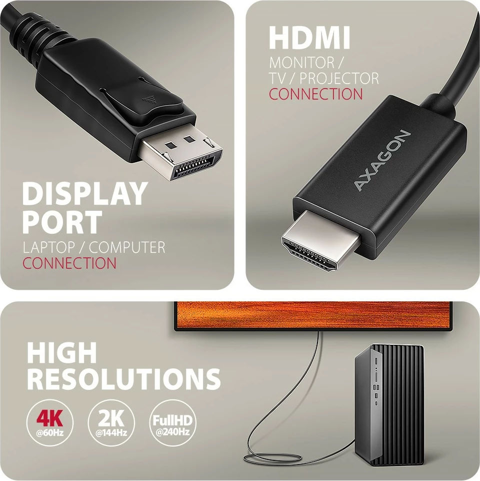 Aktivni kabel/adapter DisplayPort na HDMI AXAGON RVD-HI20C2, 1,8 m, 4K/60 Hz, črn