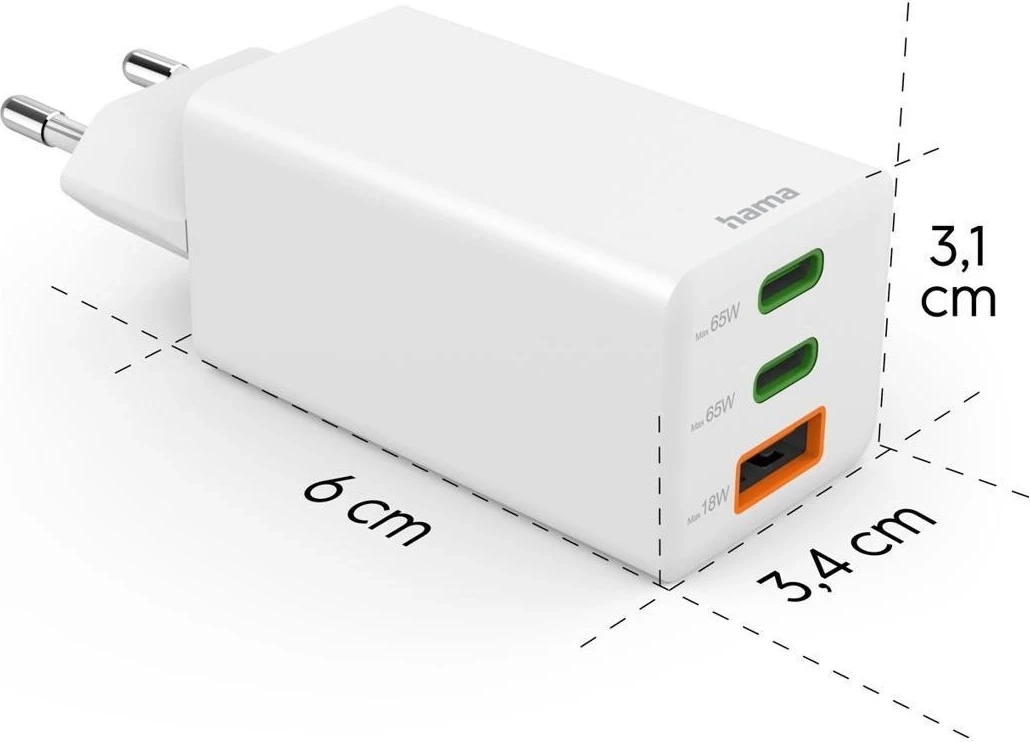 Mini GaN polnilec 65W, Hama, 2x USB-C, 1x USB-A, bel