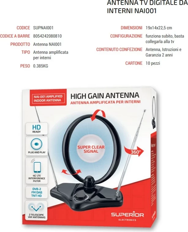 Antena notranja ojačana Superior Electronics NAI-001, črna
