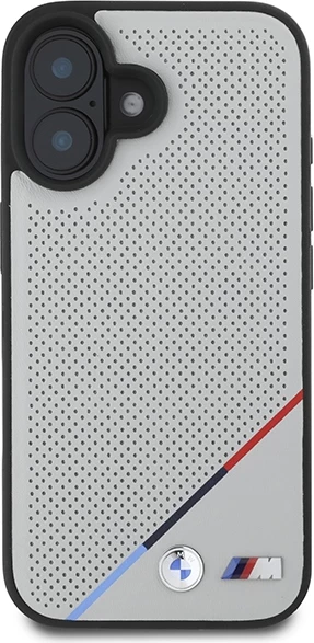 Perforiran ovitek MagSafe z trikobarvnimi črtami serije BMW M za iPhone 16, siv