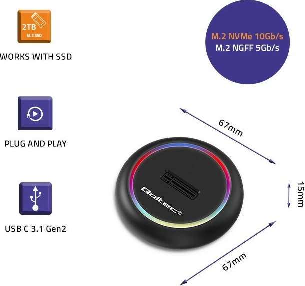 Postaja za dokiranje SSD M.2, NVMe/SATA, USB-C, 2TB, črna - Qoltec 52275