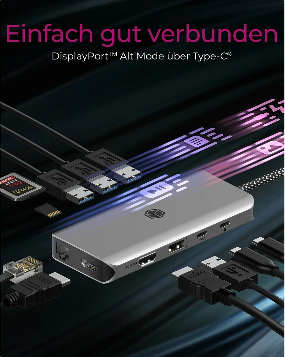 Docking postaja ICY BOX IB-DK4061-CPD, USB Type-C, 100W, HDMI, Ethernet, siva