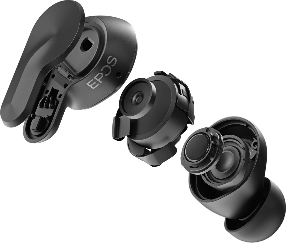 Pravi brezžični slušalke EPOS ADAPT E1TWS, Bluetooth 5.3, črne, s polnilno škatlico