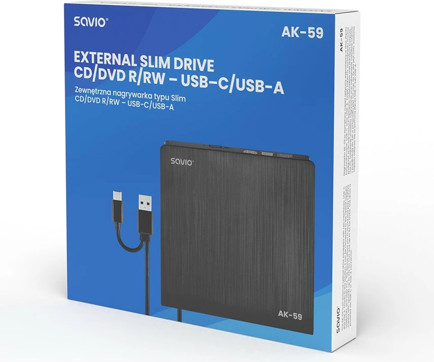Zunanji CD/DVD bralnik/pisec Savio AK-59, USB-C/USB-A, črn
