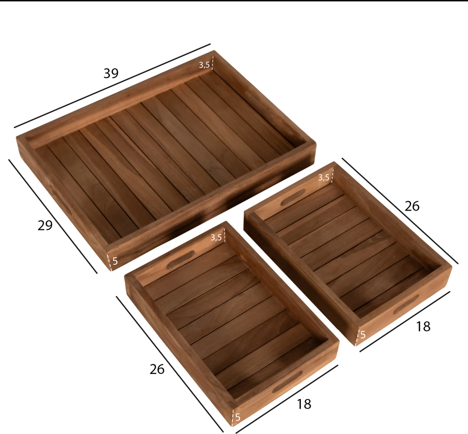 Komplet treh pladnjev FH7894 iz tikovega lesa v naravni barvi 39x29x7 cm