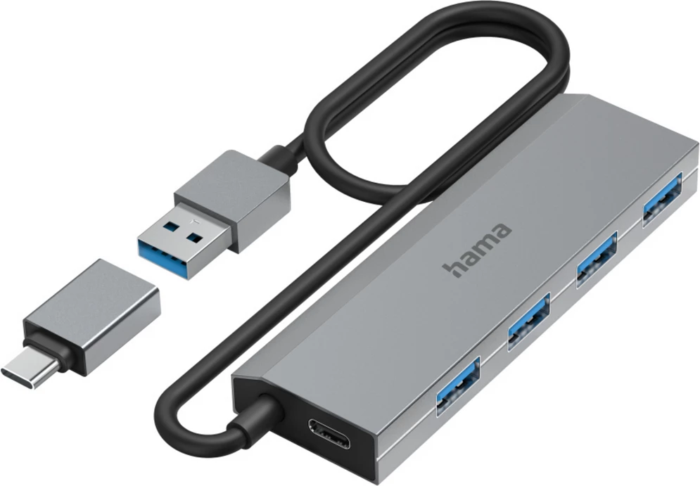 USB razdelilnik 4x USB 3.0, USB-A in USB-C, Hama 00200138, siv