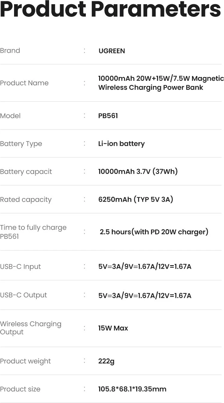 Brezžični polnilnik (powerbank) Ugreen 25208, 10000 mAh, Power Delivery 3.0, bež