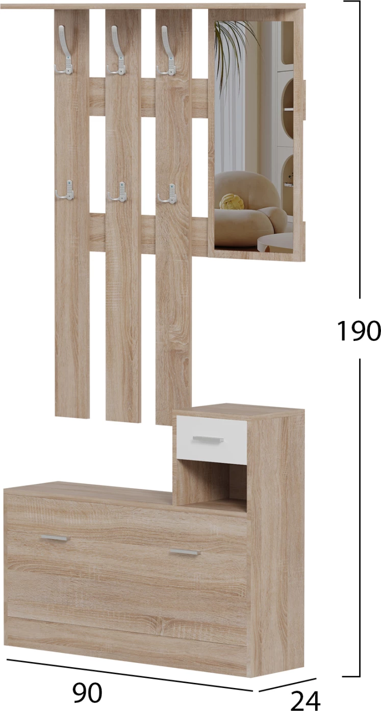 Komplet za predsobo z ogledalom GORN FH2473.04 melamin v sonama-beli 90x24x190Hcm