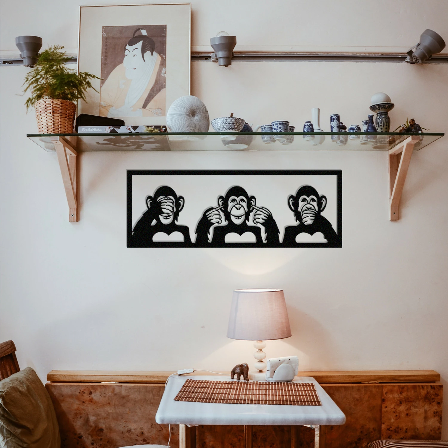 Dekorativni kovinski stenski okrasek, trije opice, Wallity, črn, 70 x 25 cm