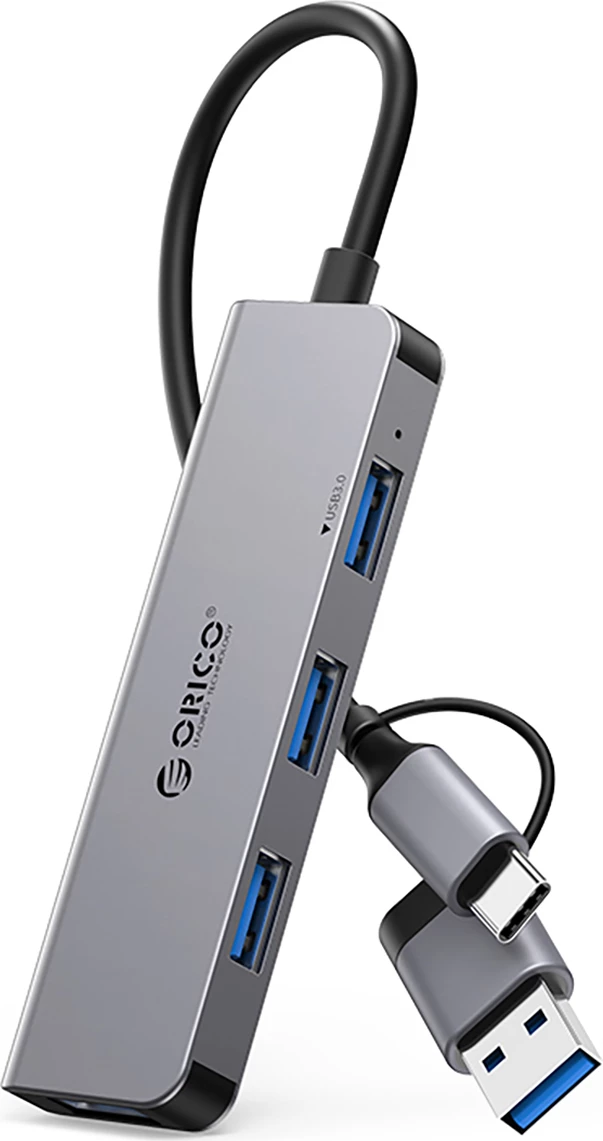 USB hub Orico YSA5-U3, 4 USB vrata (3x USB-A 2.0, 1x USB-A 3.0), 2-v-1 kabel USB-C/USB-A, siva