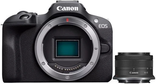 Brezžična/DSLR kamera Canon EOS R100 s objektivom RF-S 18-45 mm, F4.5-6.3 IS STM, črna