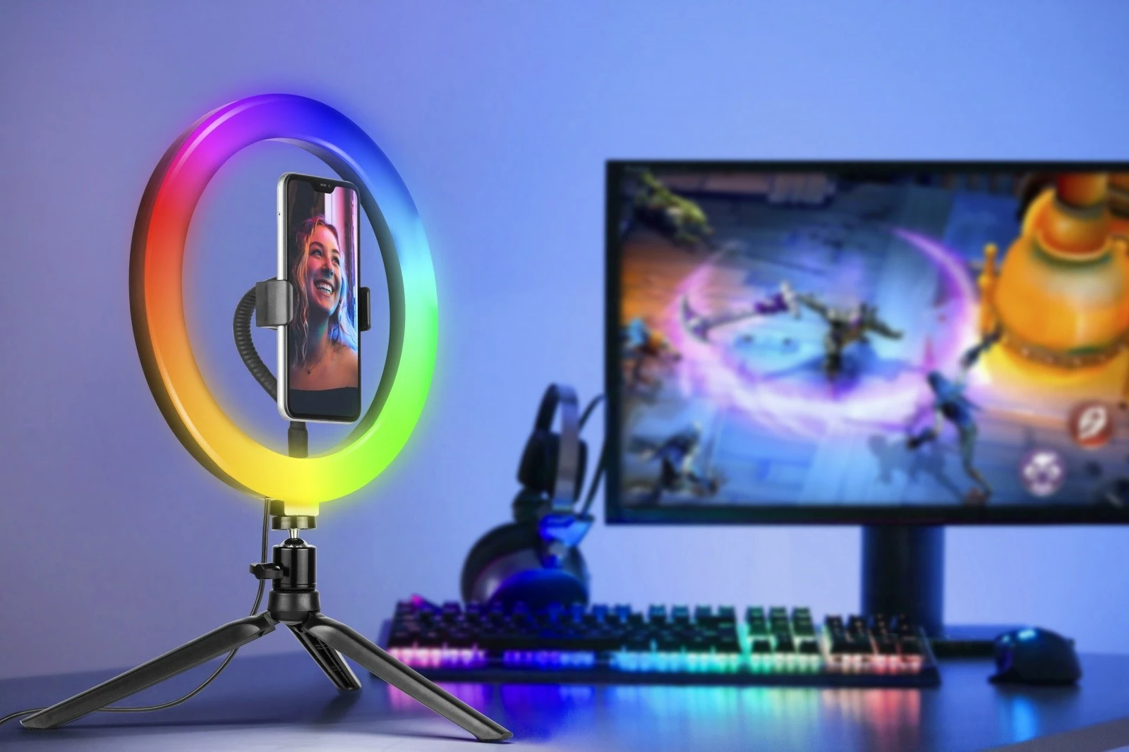 LED obročna luč 26 cm s stojalom, RGB, z daljinskim upravljalnikom — Tracer TRAOSW46807, črna