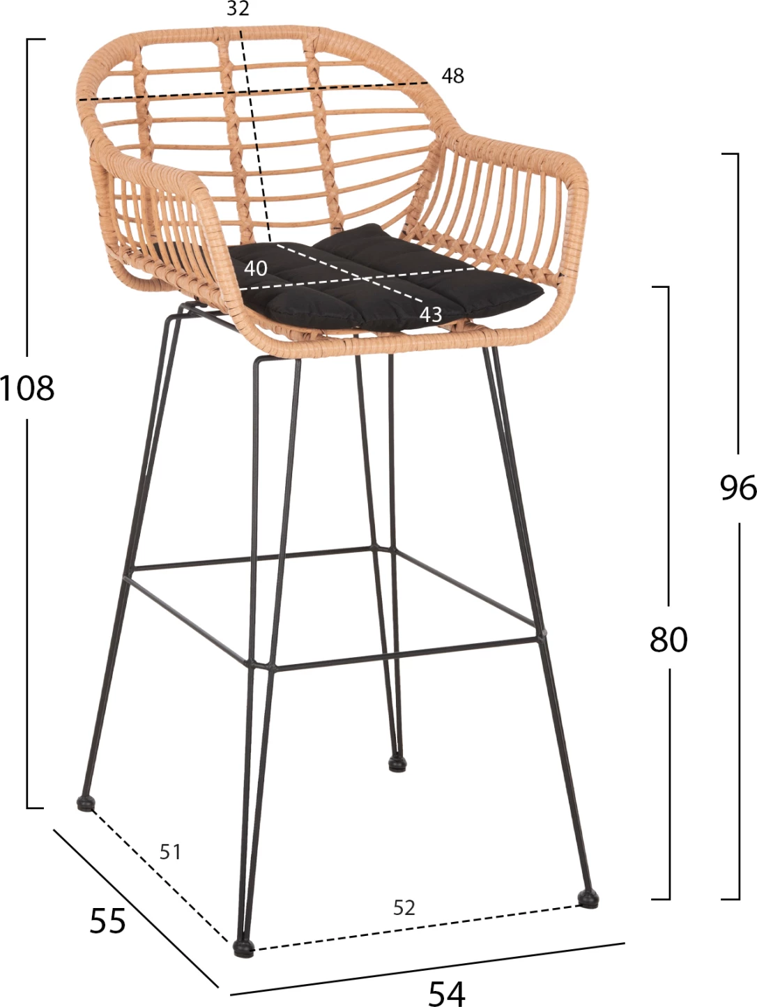 Barski stol (visok sedež) Allegra FH5640.11 p.e. rattan v bež-črni kovini 54x55x108Hcm