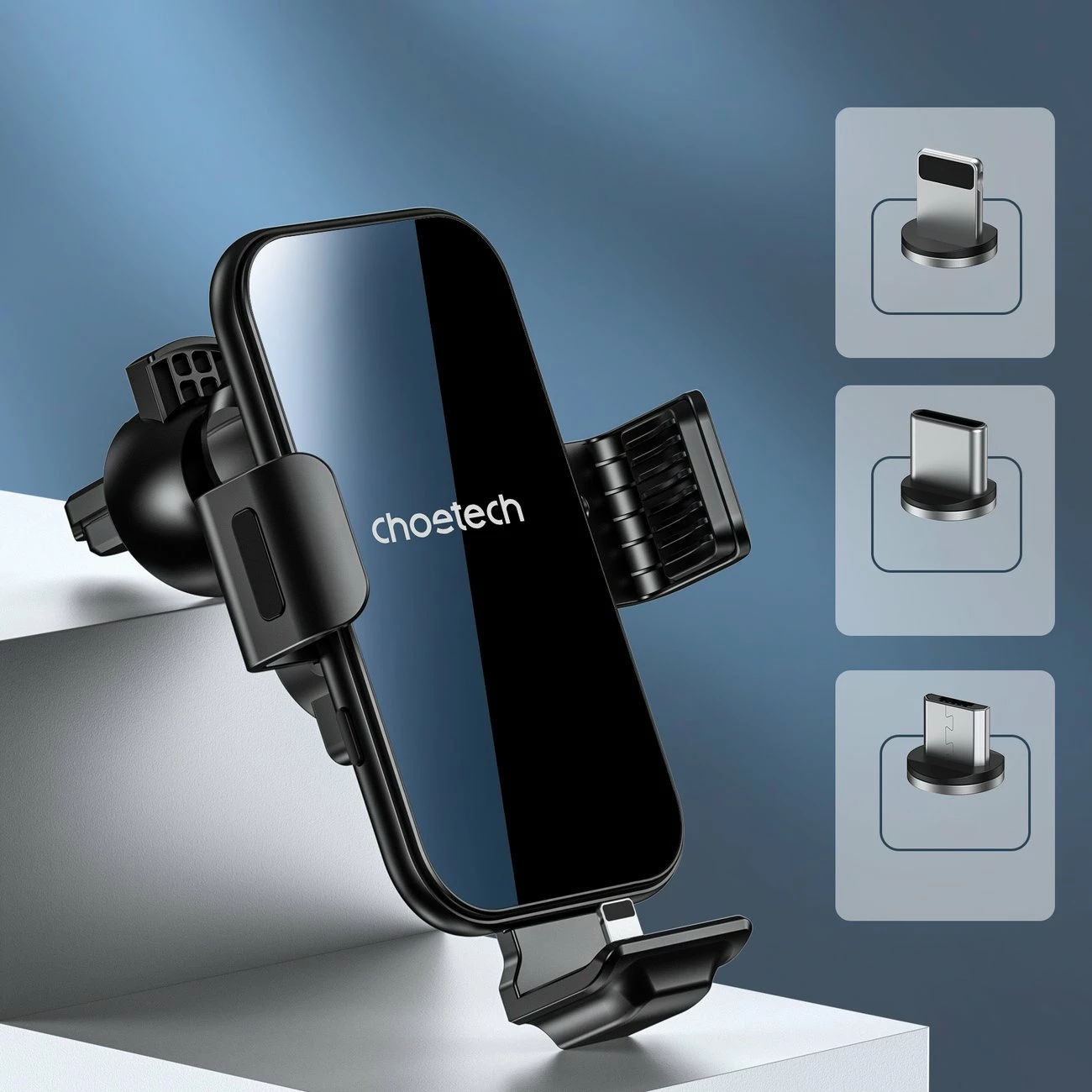 Brezžični polnilec in nosilec Choetech T201-F za avto, z magnetnimi adapterji, črn