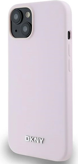 Ovitek iz tekočega silikona z majhnim kovinskim logotipom DKNY MagSafe za iPhone 14/15/13, rožnat