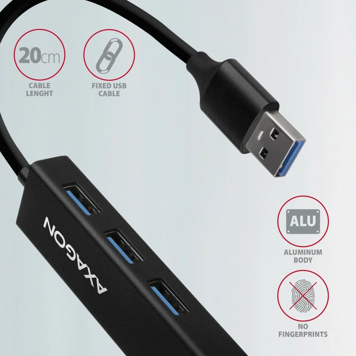 Multiport USB hub, 4 v 1, 5 Gbps, 3x USB-A + Gigabit LAN, aluminij, USB-A kabel 20 cm, črn - AXAGON HMA-GL3A