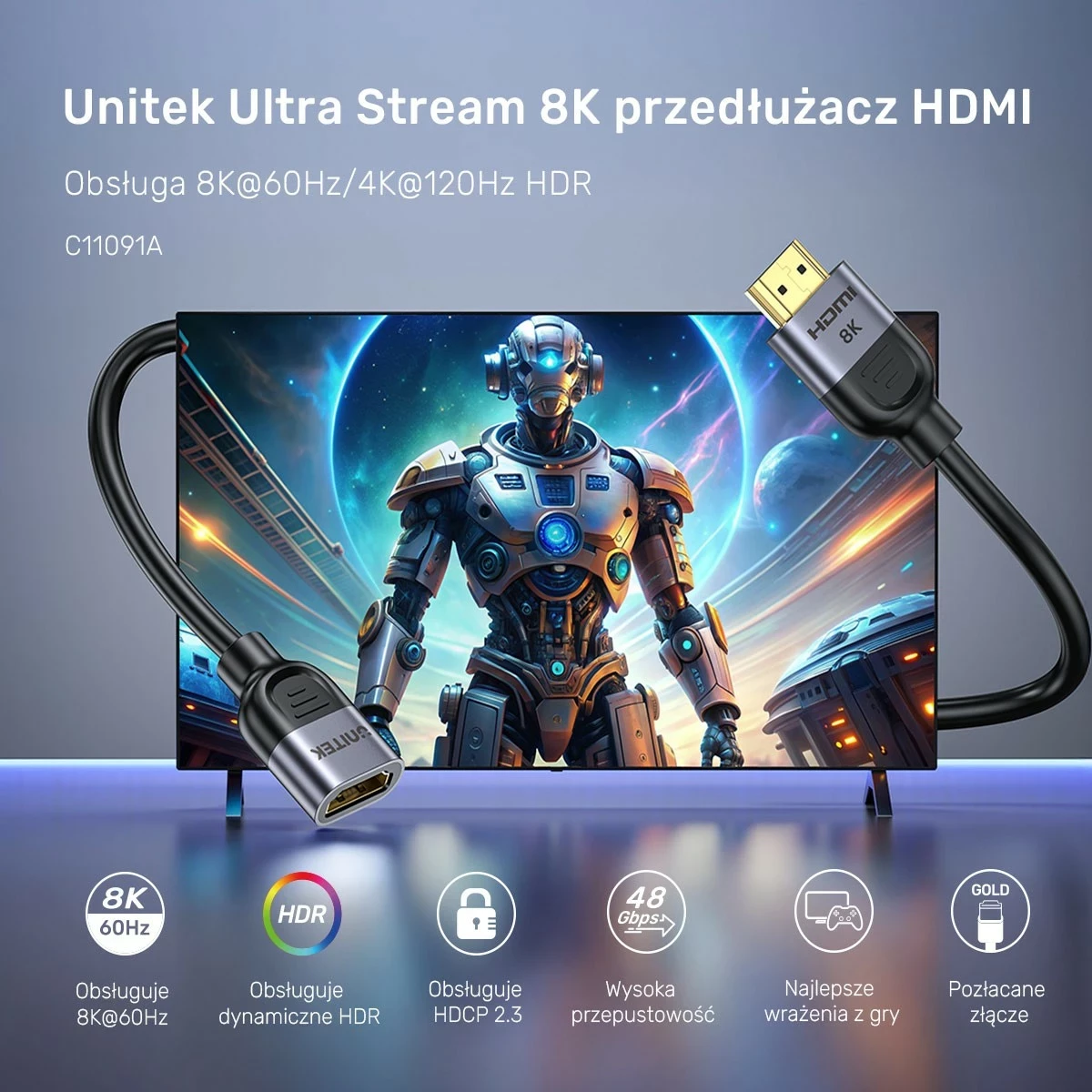 Zvočni/Video podaljšek HDMI Unitek 2.1, 8K 3 m, srebrno-črn