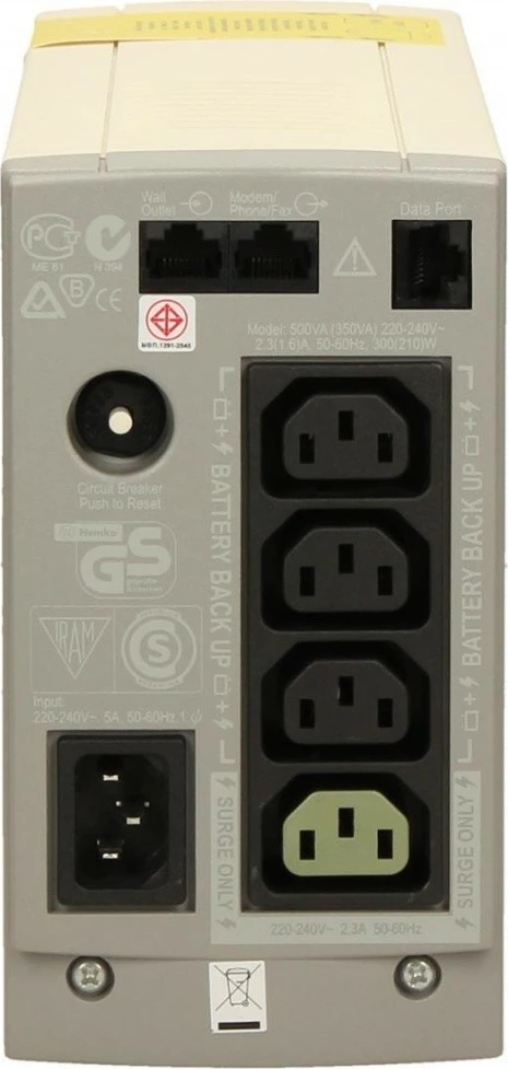 Neprekinjeno napajanje (UPS) APC BK500EI Back-UPS, 500 VA, 300 W, stolp, USB/RS232, belo