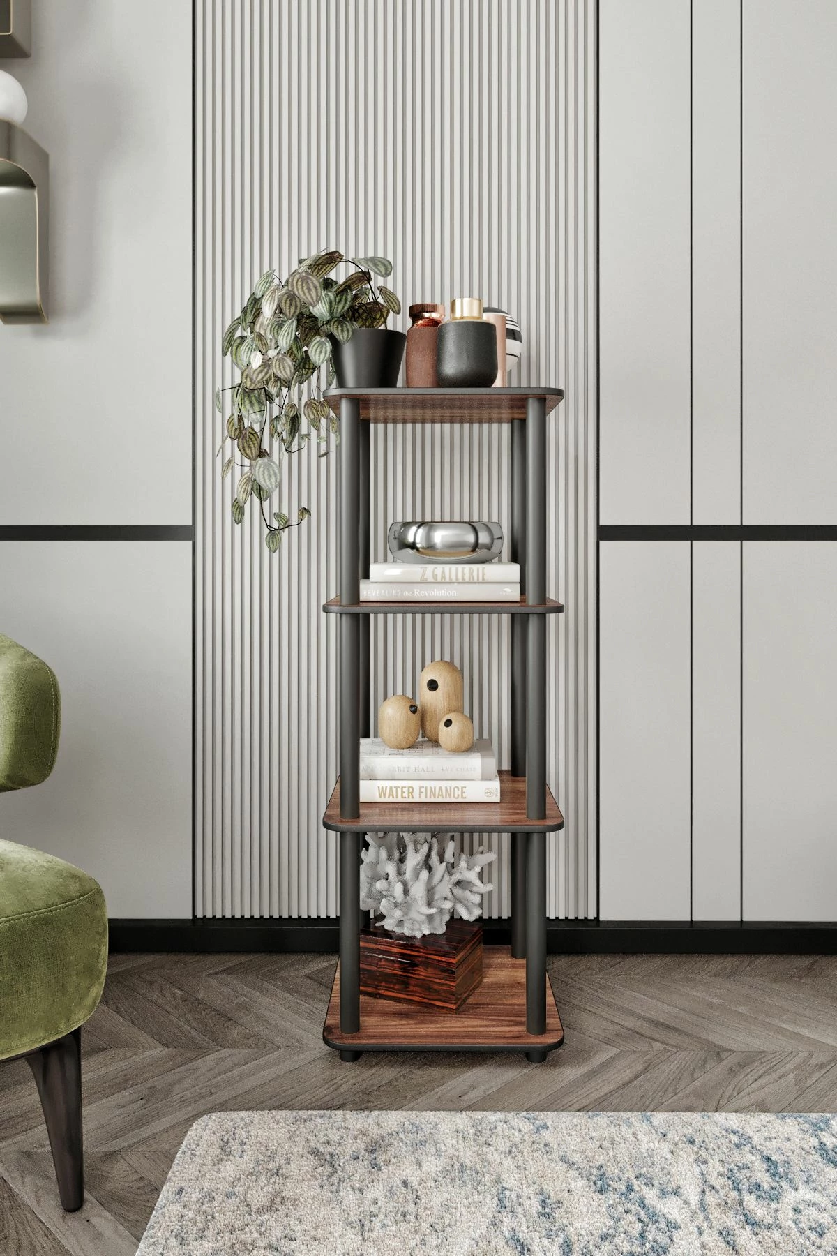 Knjižna polica, 4 nivoji, kvadratna, oreh Skye Decor