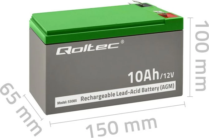 Zaprta AGM svinčevo-kislinska baterija 12 V 10 Ah, brez vzdrževanja Qoltec 53085, za UPS, siva/zelena