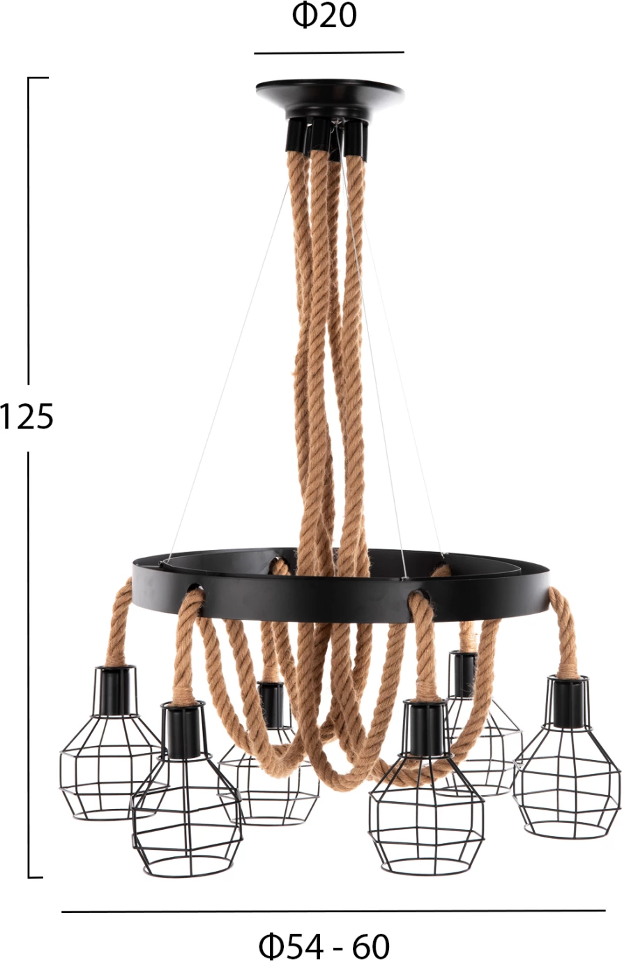 Stropna viseča svetilka FH4130 6-delna črna kovina-vrv Φ54-60x125Hcm