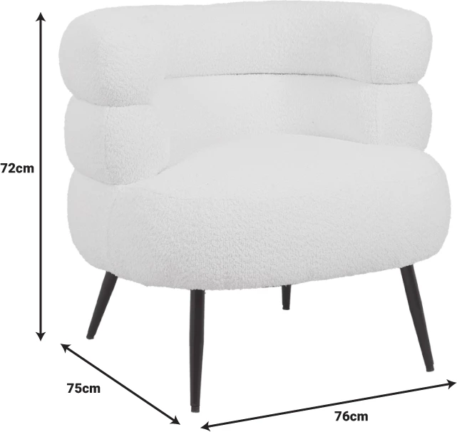Fotel iz boucle, bela, s črnimi metalnimi nogami, 76x75x72 cm