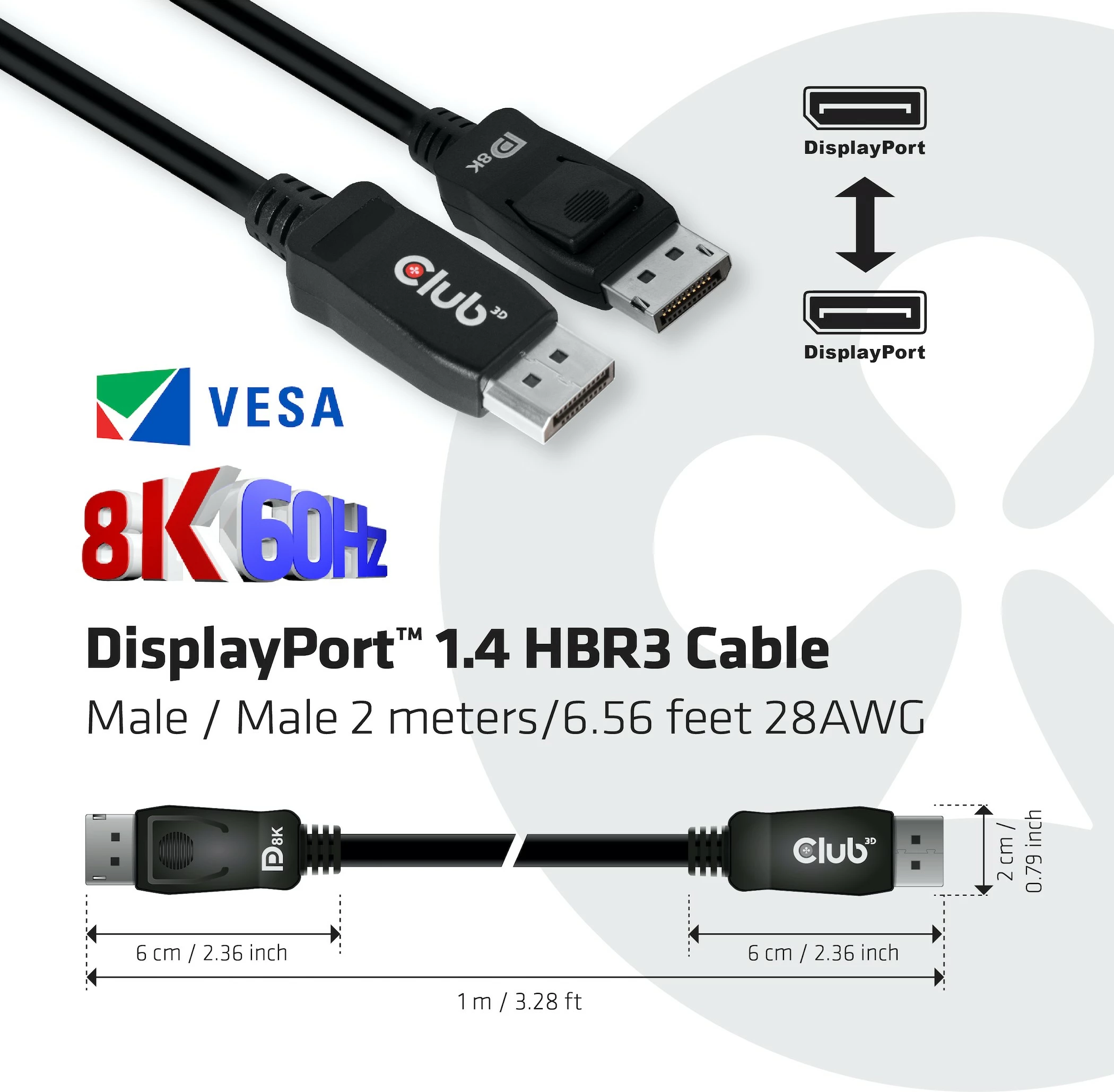 Kabel DisplayPort 1.4 HBR3 2 m, črn — Club3D