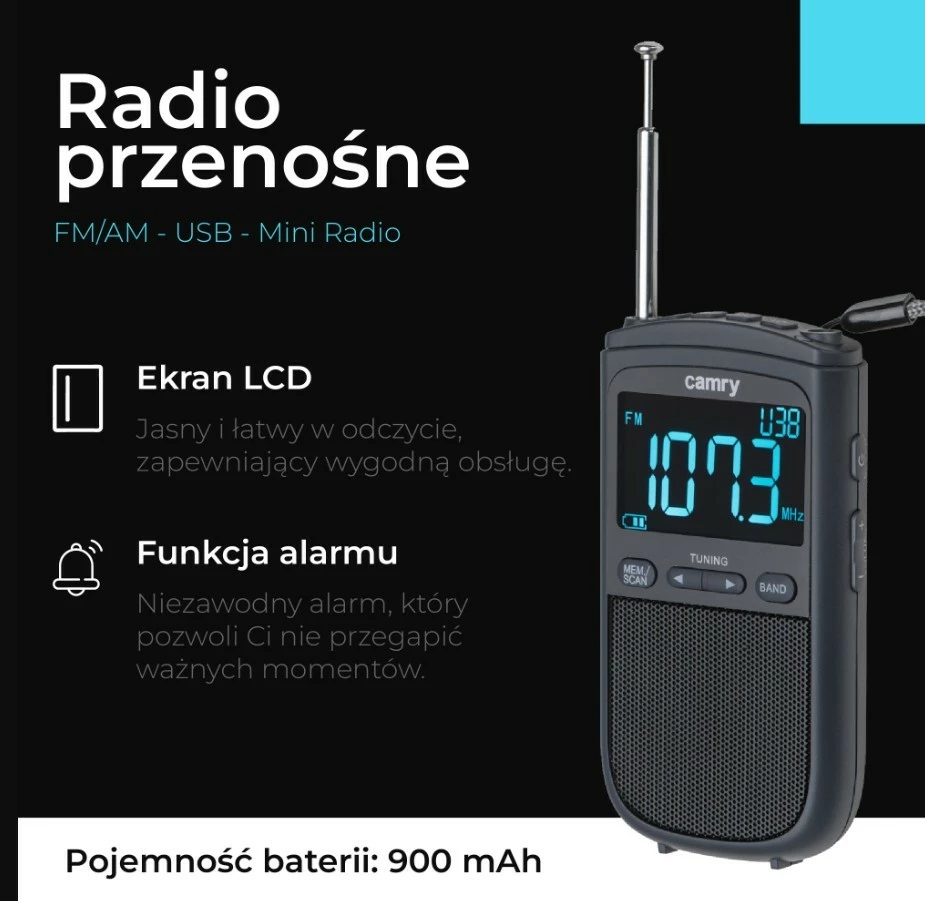 Prenosen radio Camry CR1905, FM/AM, LCD zaslon, USB-C, črn
