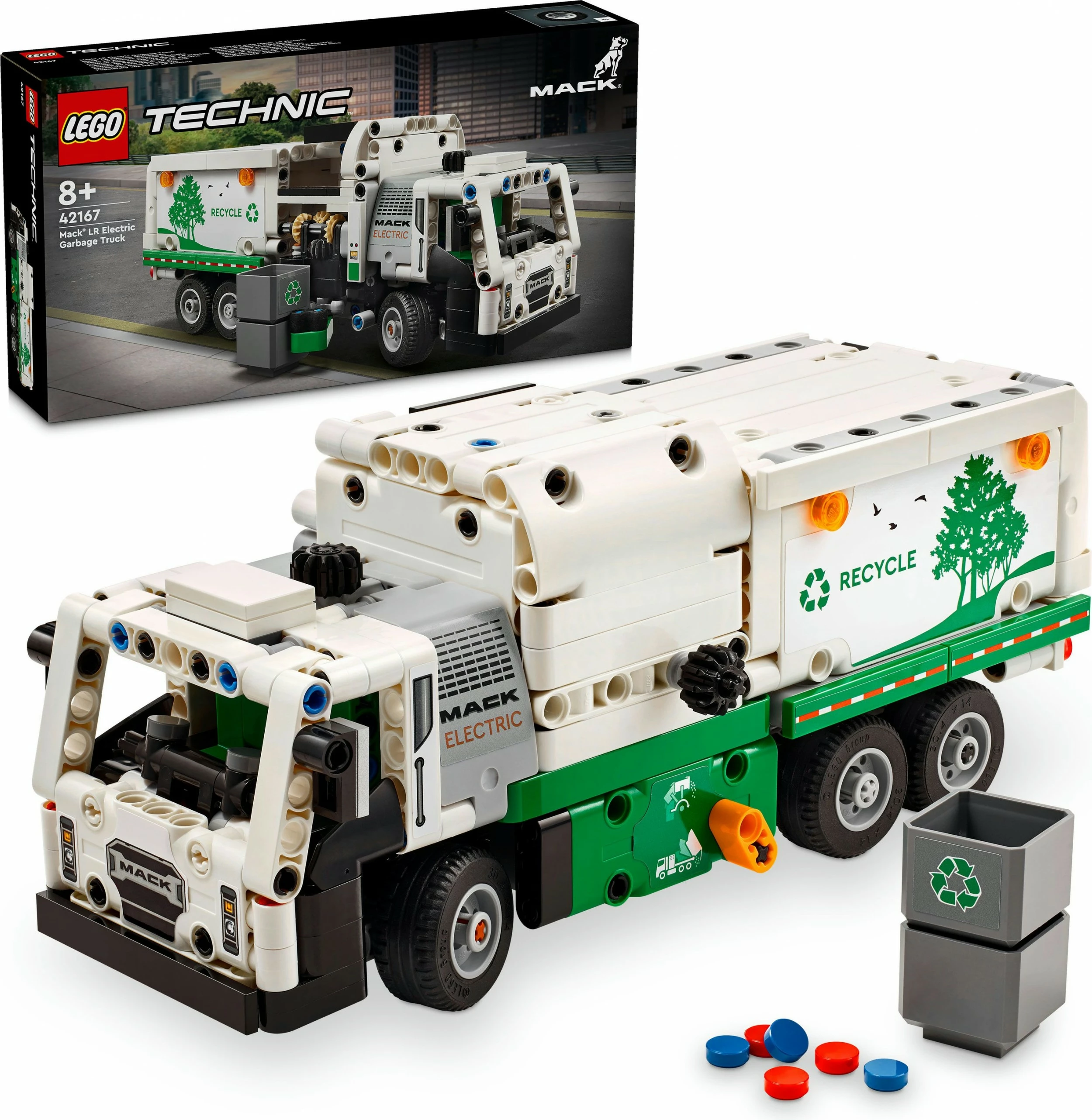 Gradbeni set LEGO Technic električni tovornjak za odvoz smeti Mack LR, 503 kosi, večbarven