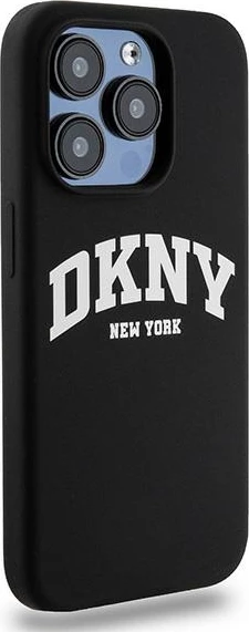 Ovitek za telefon iz tekočega silikona DKNY, MagSafe, za iPhone 15 Pro, črn z belim logotipom