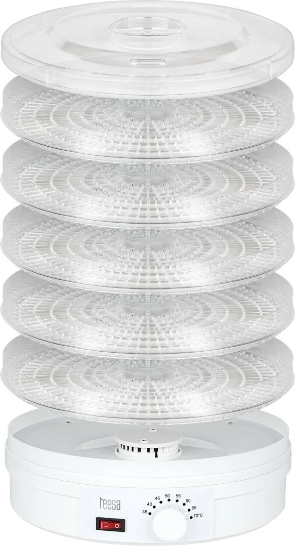 Sušilnik hrane, TEESA TSA3030, 250 W, 5 pladnjev Ø31 cm, 8 načinov, temperatura 35–70°C, bel
