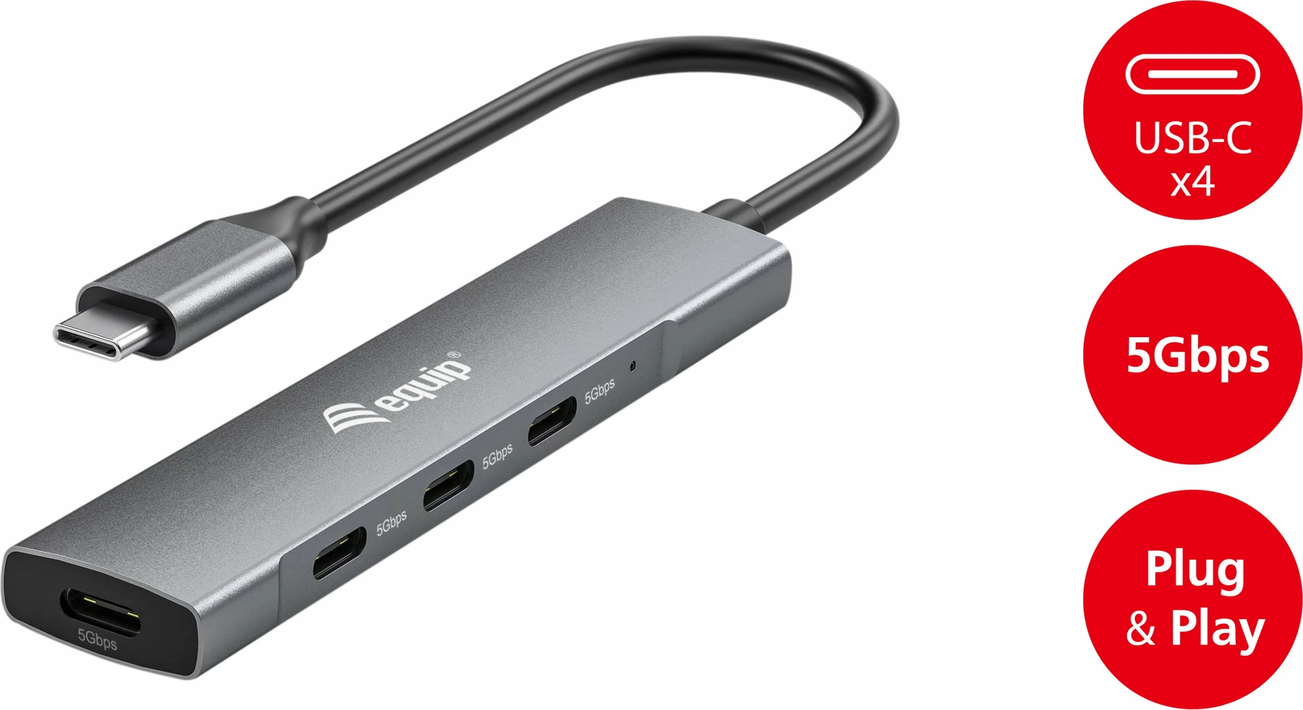 USB hub z 4 priključki USB 3.2 Gen 1 Type-C, aluminij, črno, srebrno, 0,15 m - Equip
