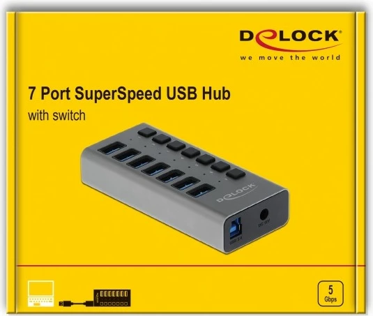 USB razdelilec 7 vrat DeLOCK, USB 3.2 Gen 1, aluminij, 1 m, siv