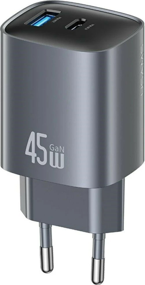 Stenski polnilec GaN 45 W, USAMS CC290 T66 (USA001666), 1x USB-C + 1x USB-A, PD/QC, črn