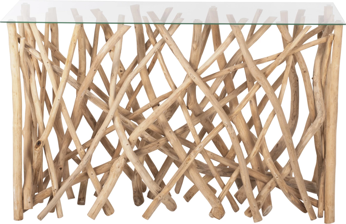 Konzola v rustikalnem stilu iz masivnih vej TEAK naravne barve in stekla 120x35x75H cm