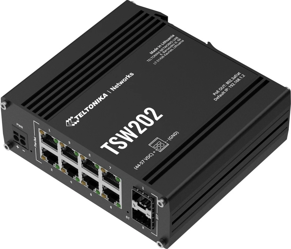 Industrijsko upravljano stikalo Teltonika TSW202, 8x Gigabit LAN, 2x SFP, PoE+, črno