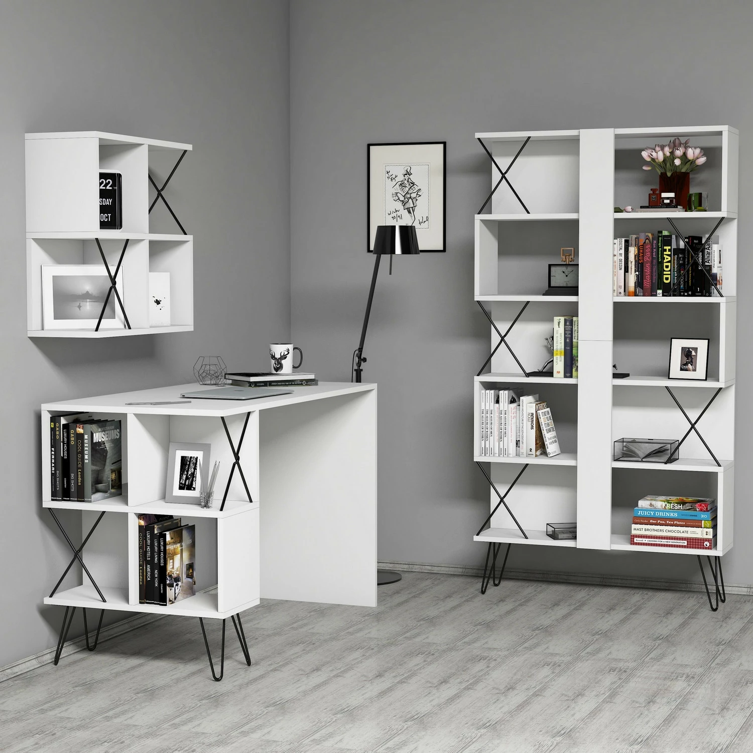 Set delovne mize s knjižnim regalom Extra 2, Hanah Home, bel in črn