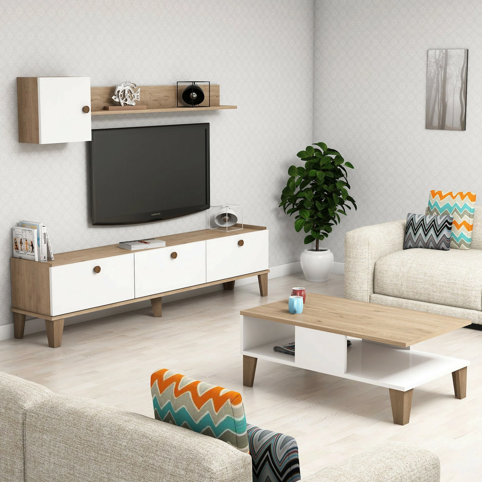 Set pohišja za dnevno sobo, barva hrasta in bela, Sumer 1, Hanah Home