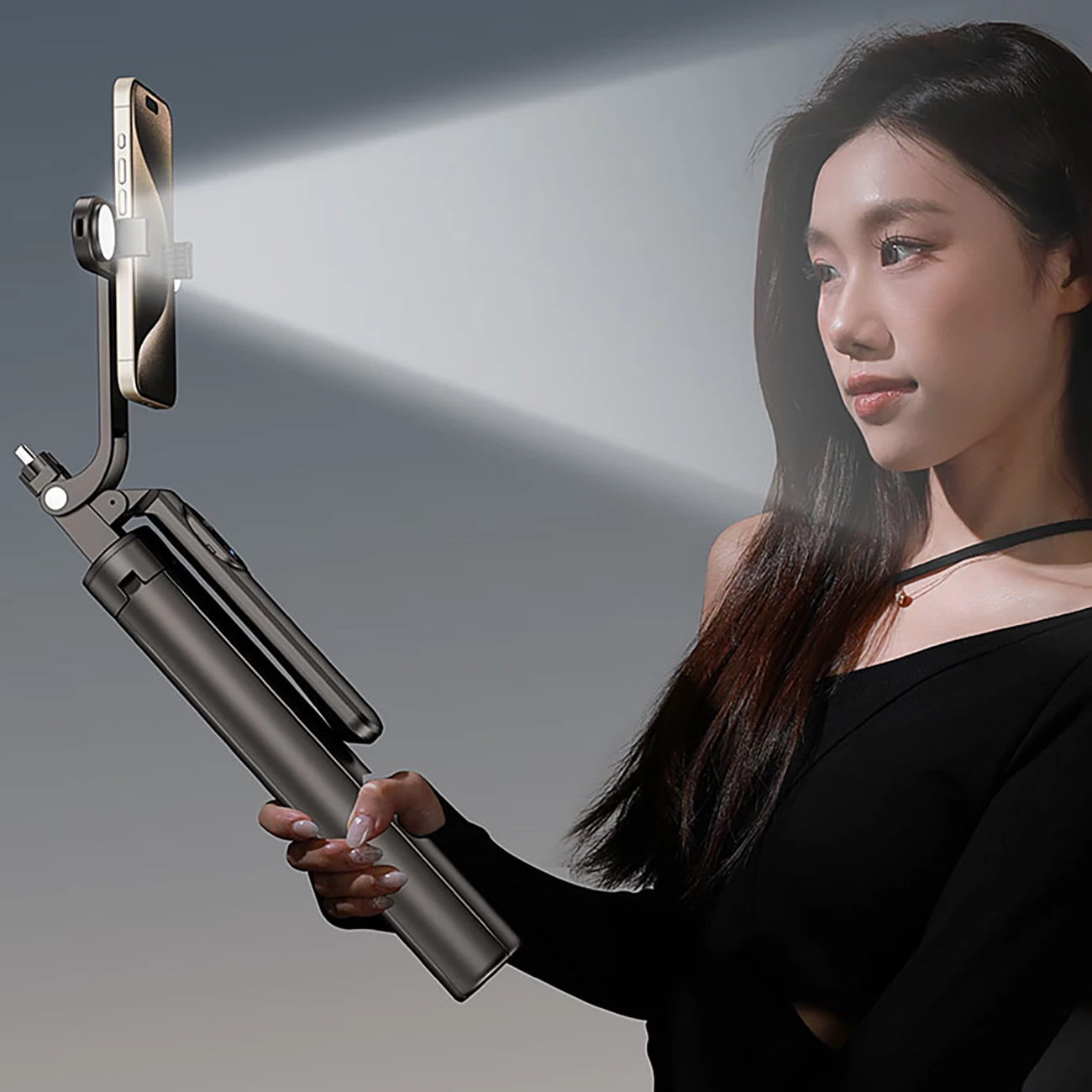 Selfie palica in stojalo Wozinsky WH181D-Y1S, 1,75 m, z dvema LED lučema, držalo za telefon, črno