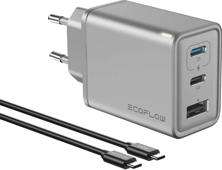 Omrežni polnilec 65W GaN EcoFlow RAPID, 2x USB-C, 1x USB-A, srebrno-črn, s kablom 1 m
