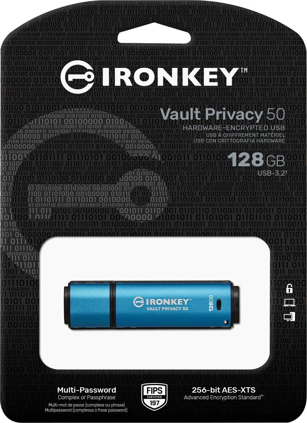 Varnostni USB Kingston IronKey Vault Privacy 50, 128GB, USB 3.2, črn/moder, AES-256 šifriranje