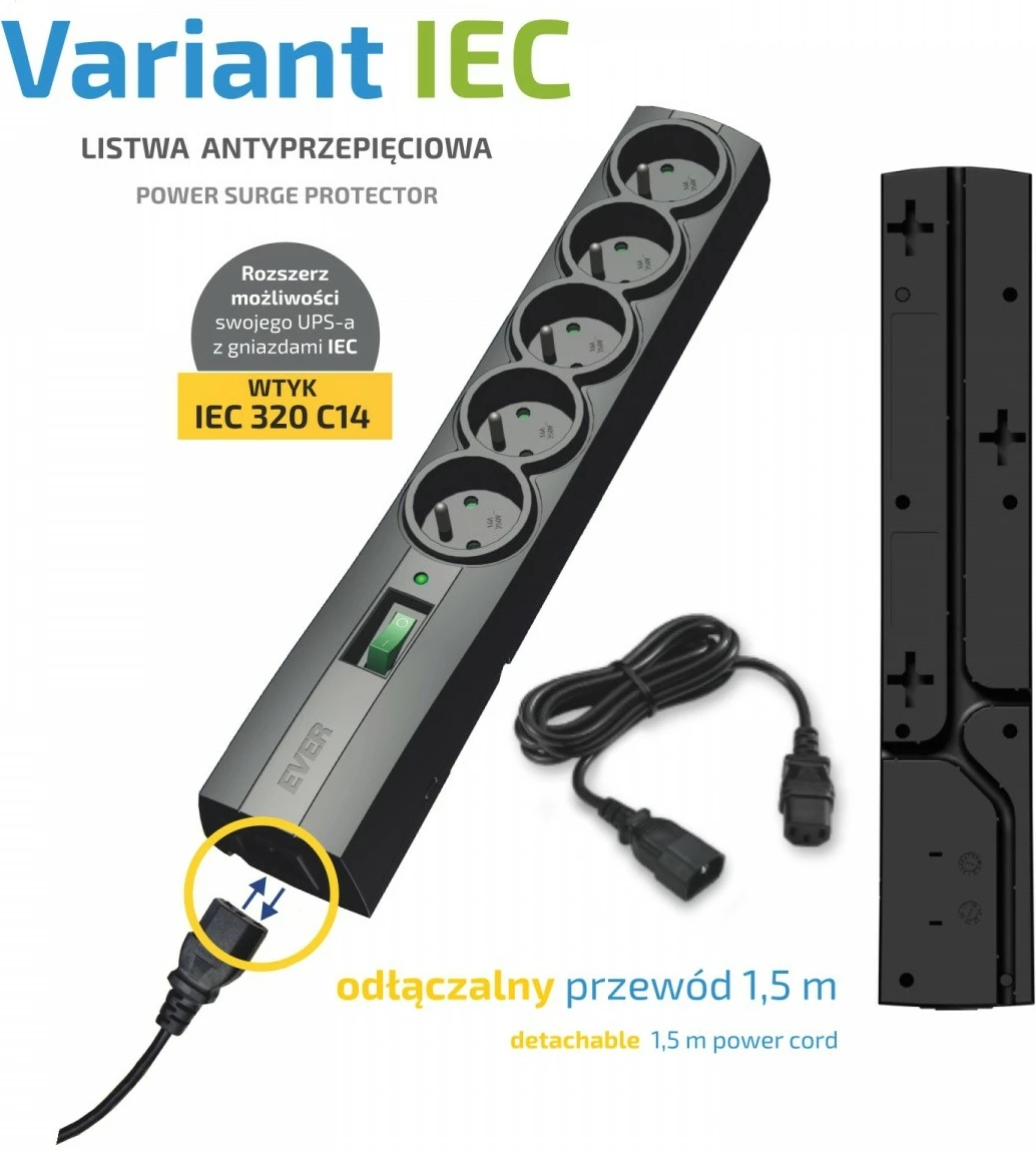 Podaljšek z zaščito pred prenapetostjo, EVER Variant IEC T/LZ09-VAR020/0400, 5 vtičnic Type E, vhod IEC 320 C14, kabel 1,5 m, z vklopnim stikalom, črn