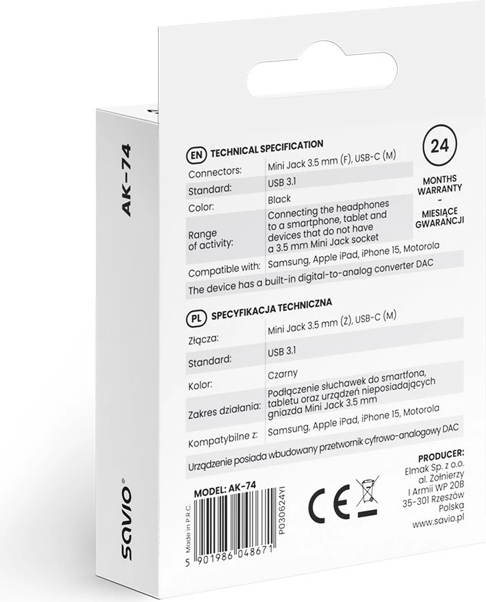 Adapter za zvok USB-C na 3,5 mm Savio AK-74, črn