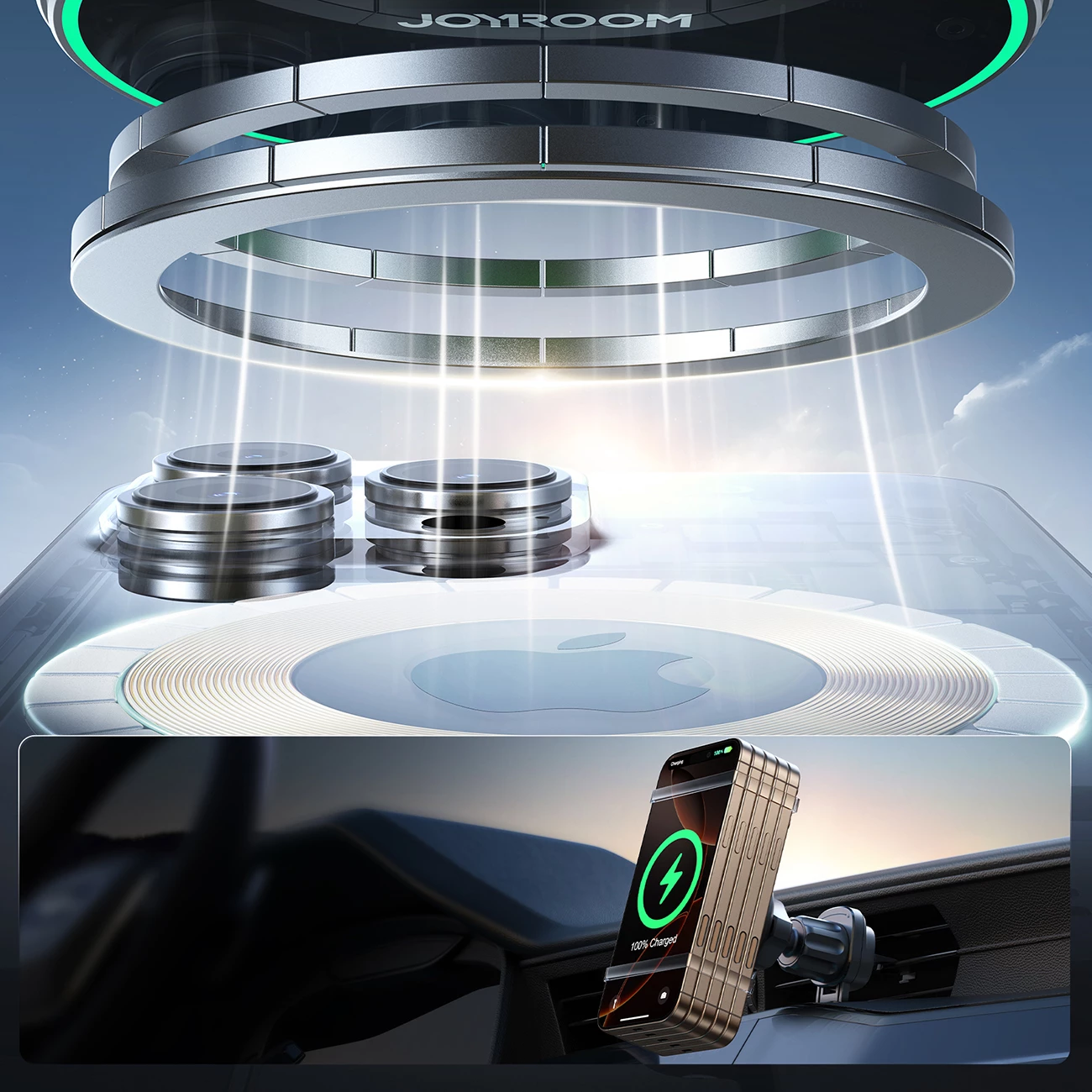 Magnetni nosilec za avto z brezžičnim polnjenjem Qi2 15 W, Joyroom JR-ZS412, za rešetko zračnika, MagSafe magneten, USB-C, združljiv 4,7–7", črn