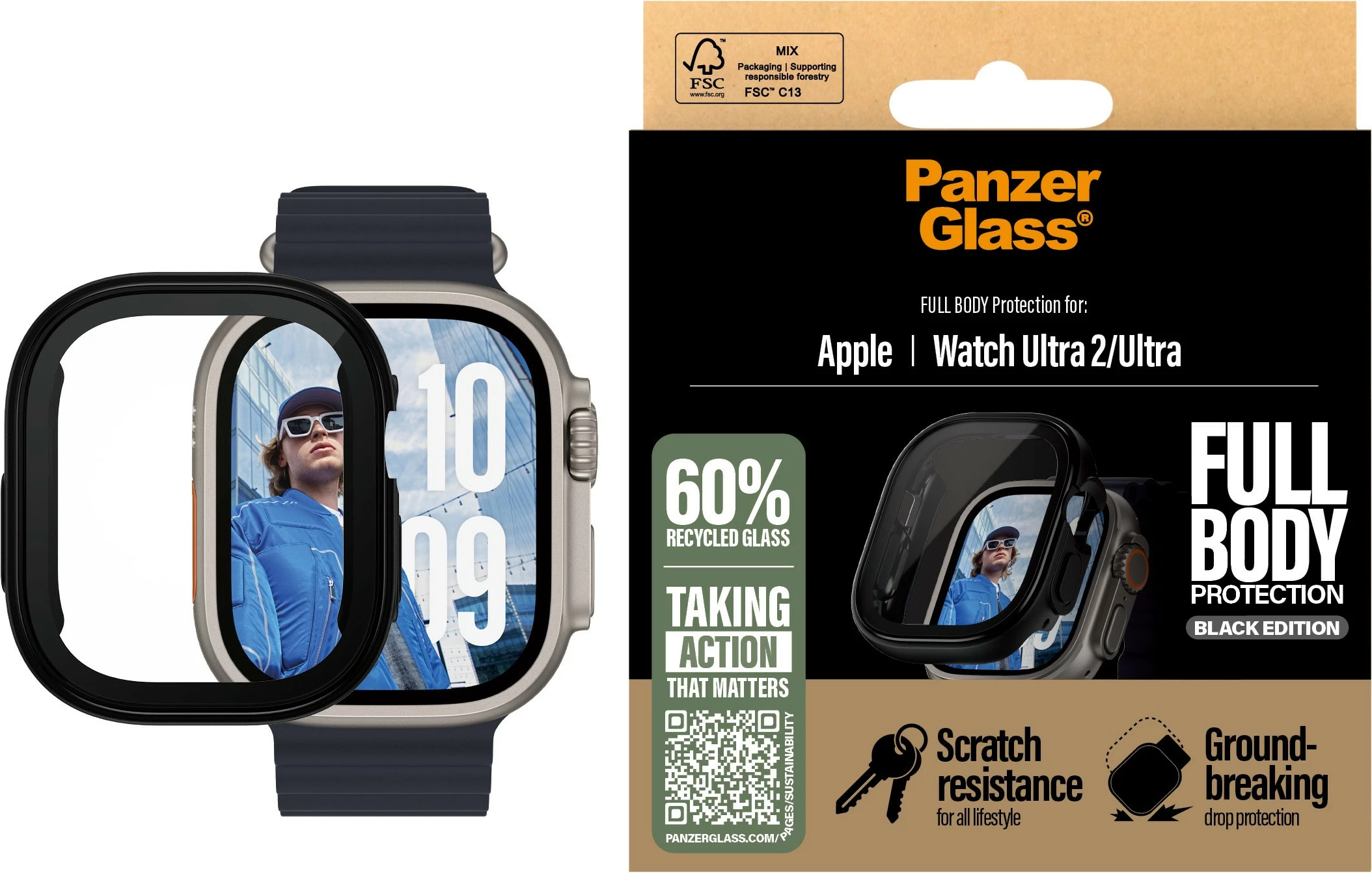 Zaščita zaslona za Apple Watch Ultra 2 PanzerGlass, full body, prozorna, črno ohišje